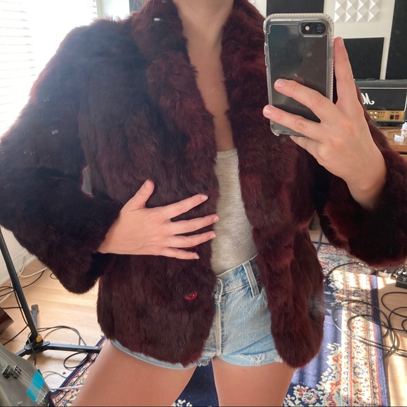 Vintage REAL RABBIT FUR Coat Jacket Maroon Red - Picture 5 of 13